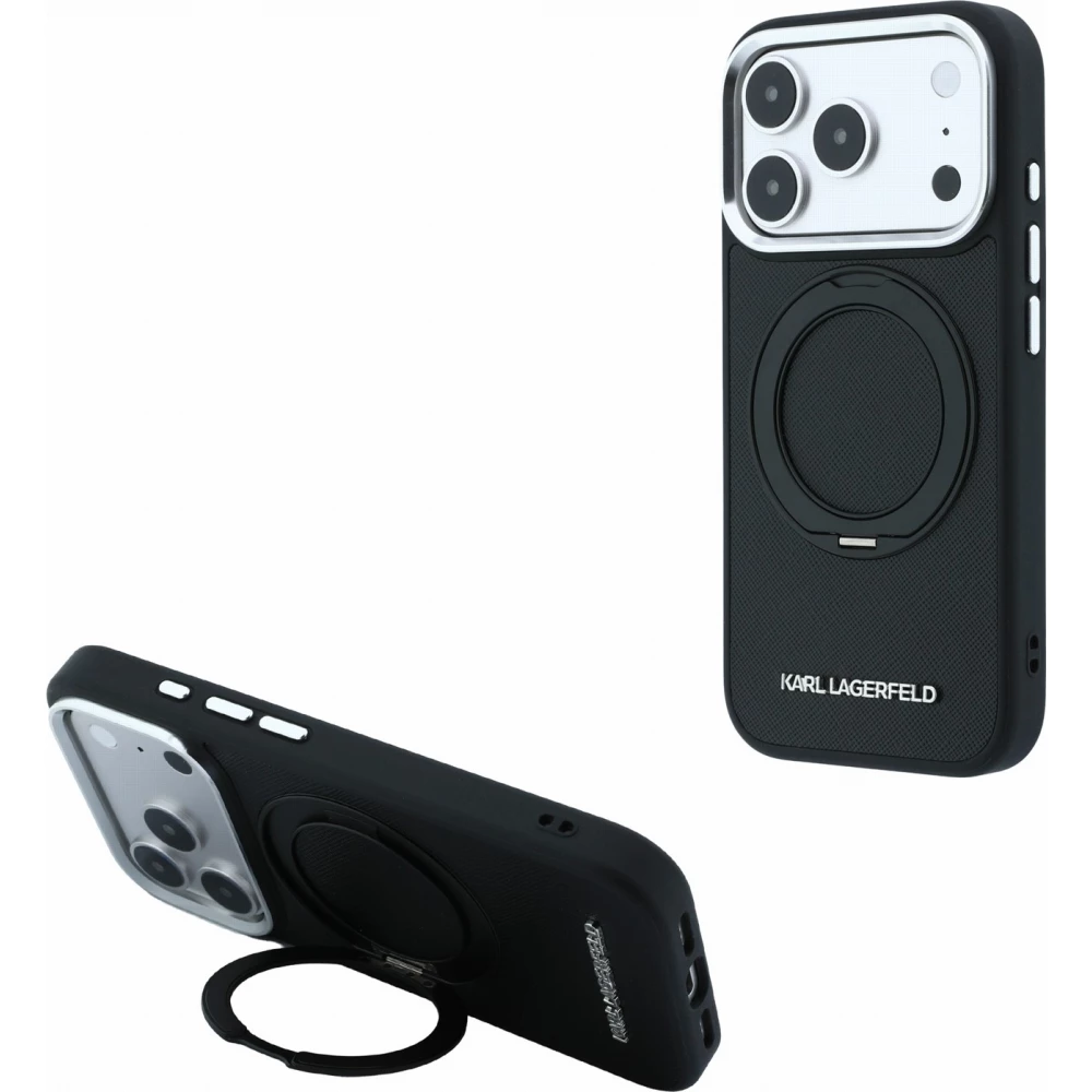 Coque iPhone 18 Pro / 17 Pro - Karl Lagerfeld PU Saffiano MagSafe avec anneau de support 360&deg; - Noir