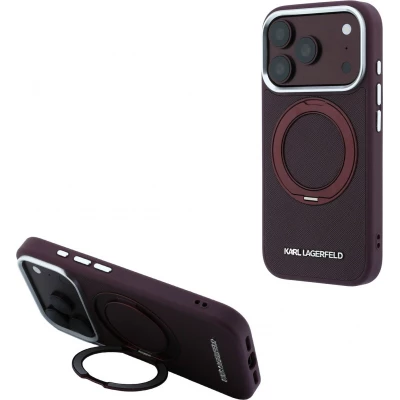 Coque iPhone 18 Pro Max / 17 Pro Max -  Karl Lagerfeld PU Saffiano MagSafe avec anneau de support 360&deg; - Burgundy