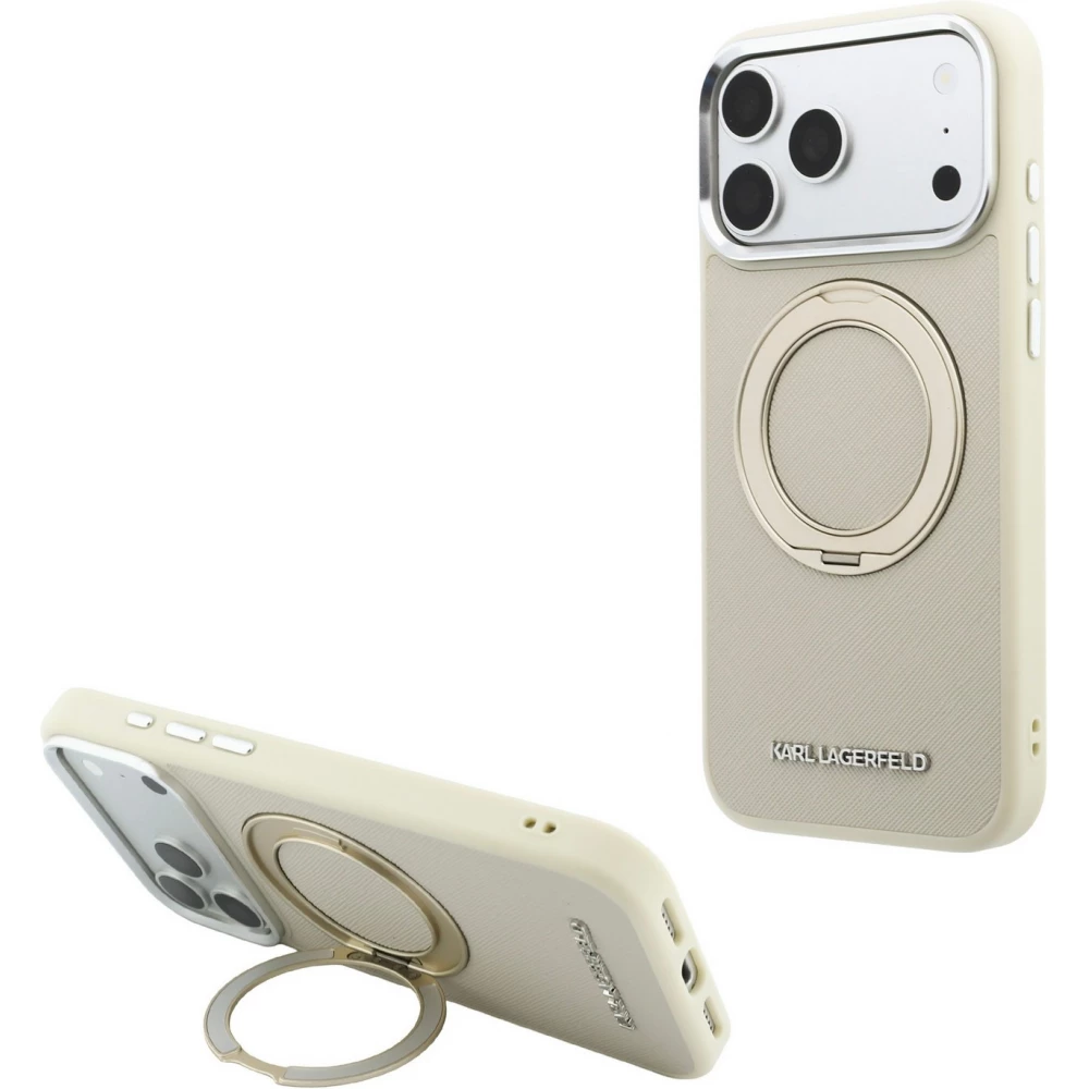 iPhone 18 Pro Max / 17 Pro Max Case H&uuml;lle - Karl Lagerfeld PU Saffiano MagSafe mit 360&deg; Halterung - Beige