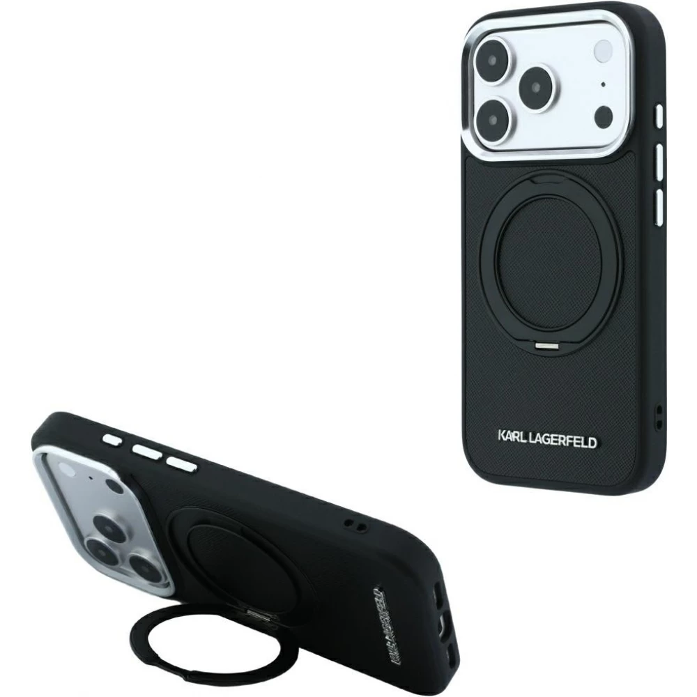 Coque iPhone 18 Pro Max / 17 Pro Max - Karl Lagerfeld PU Saffiano MagSafe avec anneau de support 360&deg; - Noir