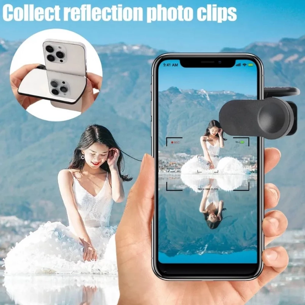 Kit miroir r&eacute;fl&eacute;chissant pour smartphone avec clip cam&eacute;ra pince de r&eacute;flexion et chiffon de nettoyage - Noir