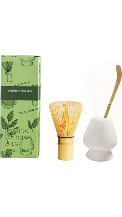 Kit traditionnel de matcha japonais 3 pi&egrave;ces avec fouet en bambou + support en c&eacute;ramique + cuill&egrave;re en bambou - Blanc