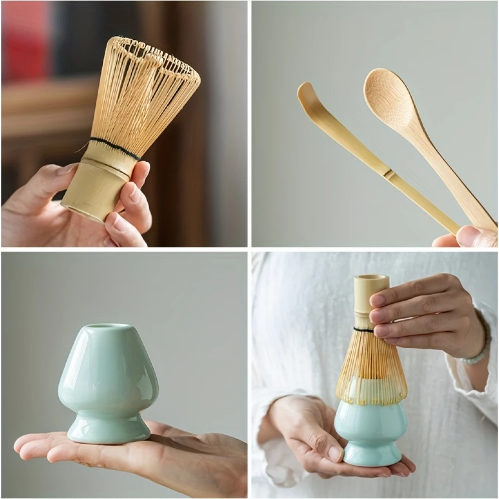 Traditionelles 3-teiliges Japanisches Matcha-Set mit Bambusbesen + Keramikhalter + Bambusl&ouml;ffel - Weiss