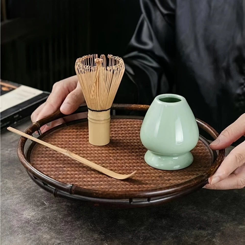 Traditionelles 3-teiliges Japanisches Matcha-Set mit Bambusbesen + Keramikhalter + Bambusl&ouml;ffel - Weiss