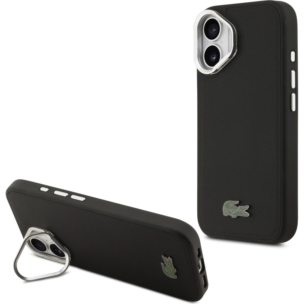 Coque iPhone 17 - Lacoste Iconique Petit Piqu&eacute; MagSafe avec support en m&eacute;tal sur la cam&eacute;ra - Noir