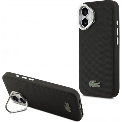 Coque iPhone 17 - Lacoste Iconique Petit Piqu&eacute; MagSafe avec support en m&eacute;tal sur la cam&eacute;ra - Noir