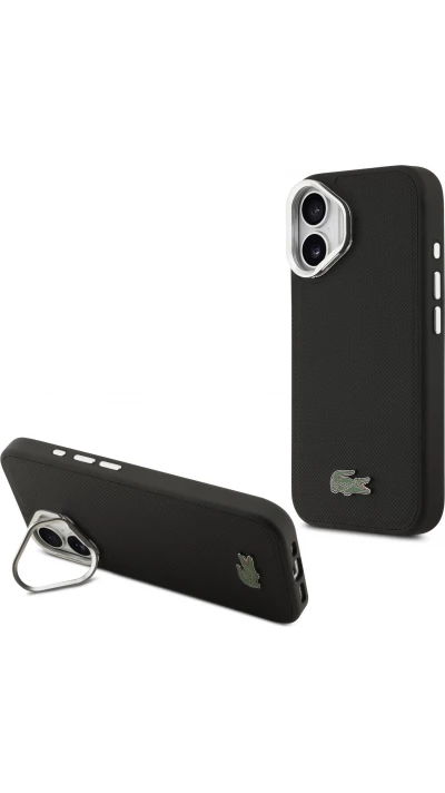 Coque iPhone 17 - Lacoste Iconique Petit Piqu&eacute; MagSafe avec support en m&eacute;tal sur la cam&eacute;ra - Noir