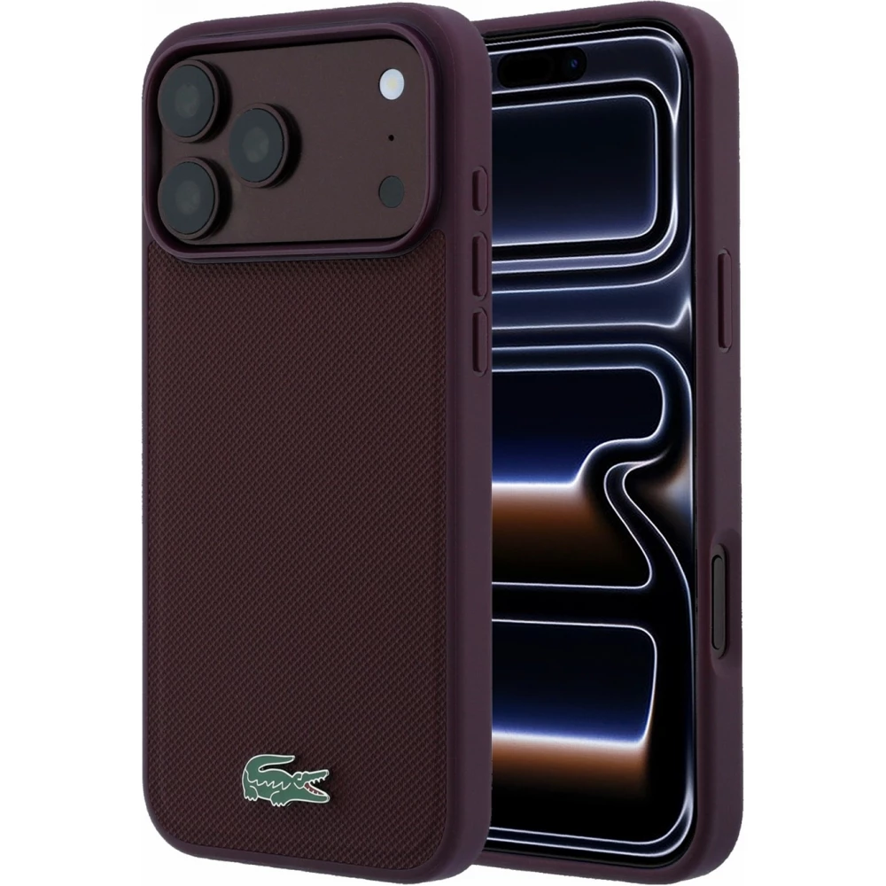 Coque iPhone 18 Pro Max / 17 Pro Max - Lacoste Petit Pique MagSafe avec logo m&eacute;tal protection &eacute;l&eacute;gante et durable - Burgundy