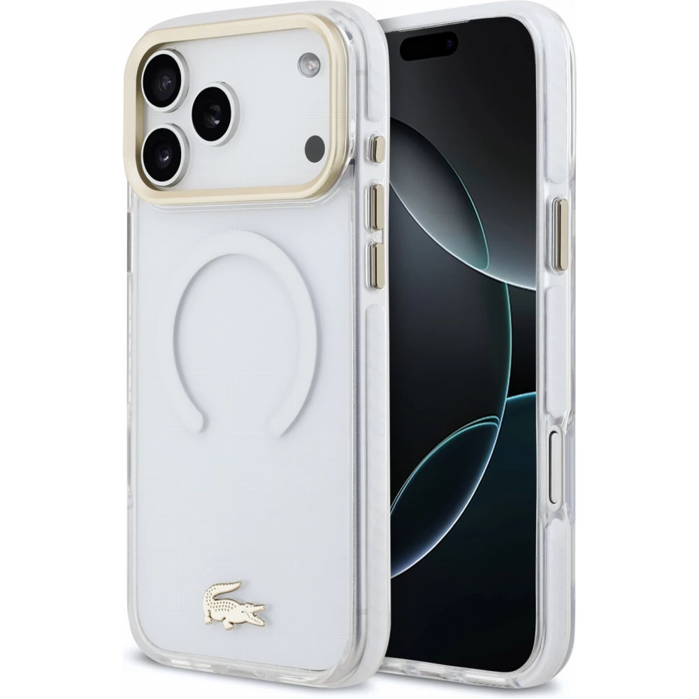 Coque iPhone 18 Pro Max / 17 Pro Max - Lacoste transparente anti-chocs avec logo or givr&eacute; compatible avec MagSafe - Transparent