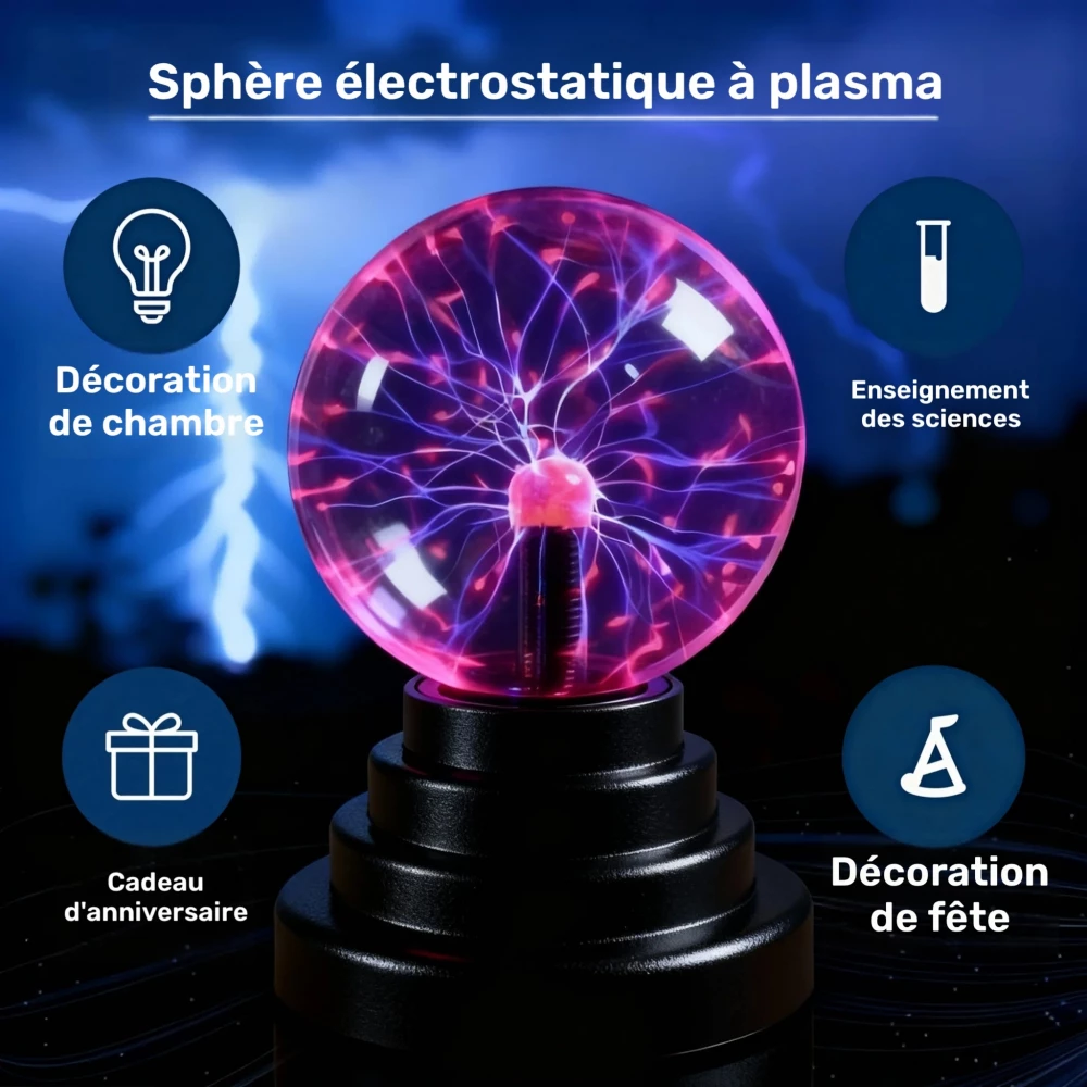 Lampe boule &agrave; plasma tactile USB veilleuse LED interactive &agrave; effet &eacute;clair magique pour chambre et bureau - Noir