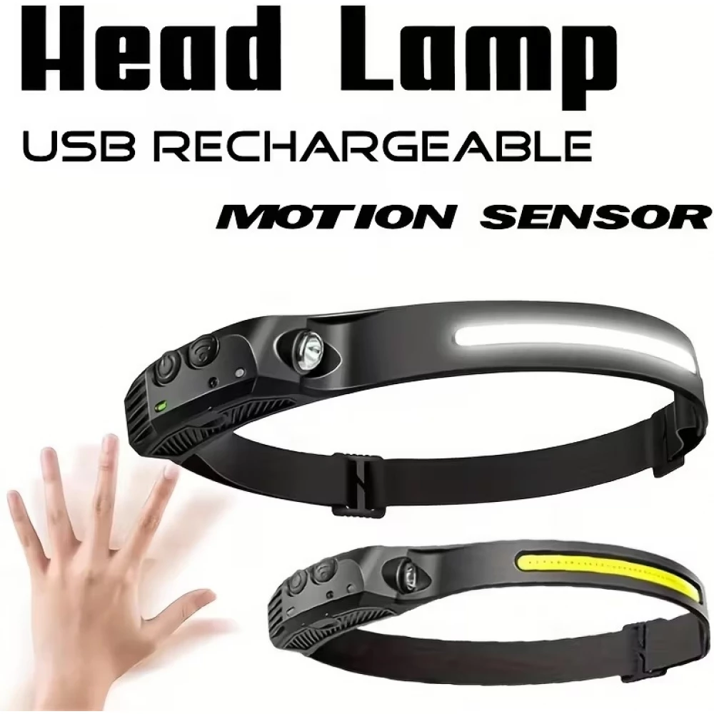 Lampe frontale LED rechargeable avec capteur de mouvement 5 modes lumineux - Noir