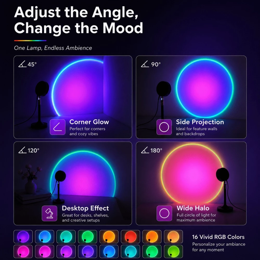Lampe projecteur coucher de soleil RGB USB 16 couleurs avec t&eacute;l&eacute;commande et rotation &agrave; 180&deg; pour &eacute;clairage d&rsquo;ambiance - Noir