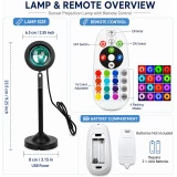 Lampe projecteur coucher de soleil RGB USB 16 couleurs avec t&eacute;l&eacute;commande et rotation &agrave; 180&deg; pour &eacute;clairage d&rsquo;ambiance - Noir