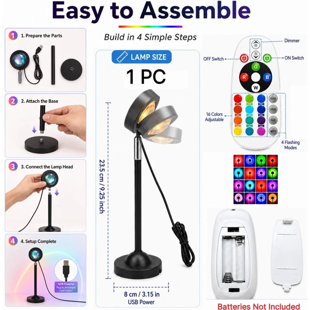 Lampe projecteur coucher de soleil RGB USB 16 couleurs avec t&eacute;l&eacute;commande et rotation &agrave; 180&deg; pour &eacute;clairage d&rsquo;ambiance - Noir