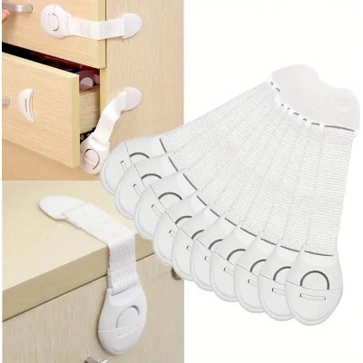 Lot de 10 fermetures s&eacute;curitaires pour meubles et tiroirs pour enfants faciles &agrave; installer en plastique ABS durable avec bandes adh&eacute;sives - Blanc