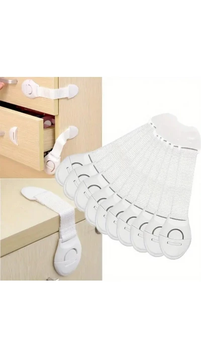 Lot de 10 fermetures s&eacute;curitaires pour meubles et tiroirs pour enfants faciles &agrave; installer en plastique ABS durable avec bandes adh&eacute;sives - Blanc