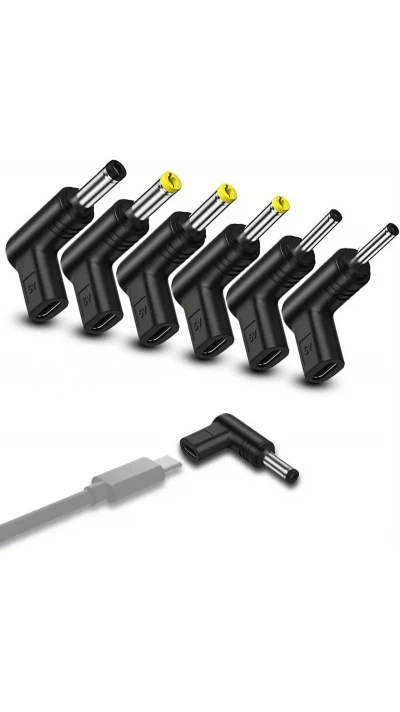 Lot de 6 adaptateurs USB-C vers DC connecteurs divers connecteurs charge routeur 3.0x1.1 &agrave; 5.5x2.1mm transfert donn&eacute;es - Noir