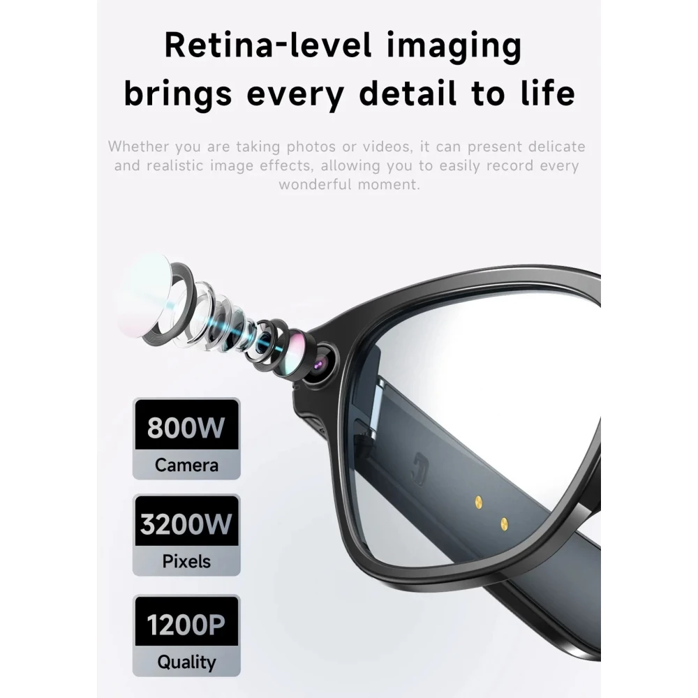Lunettes de soleil intelligentes avec caméra AI 8 MP HD 4K avec traduction WIFI+Bluetooth transmission en temps réel - Noir