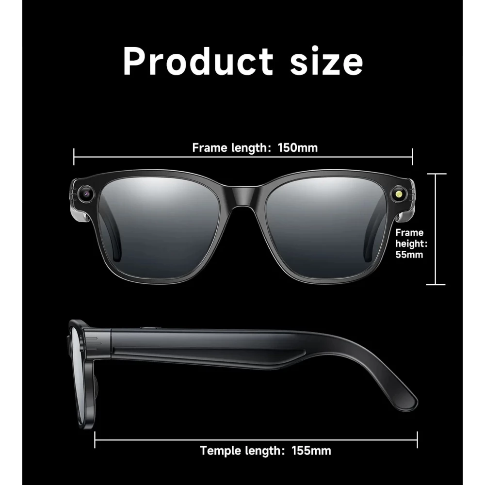 Lunettes de soleil intelligentes avec caméra AI 8 MP HD 4K avec traduction WIFI+Bluetooth transmission en temps réel - Noir