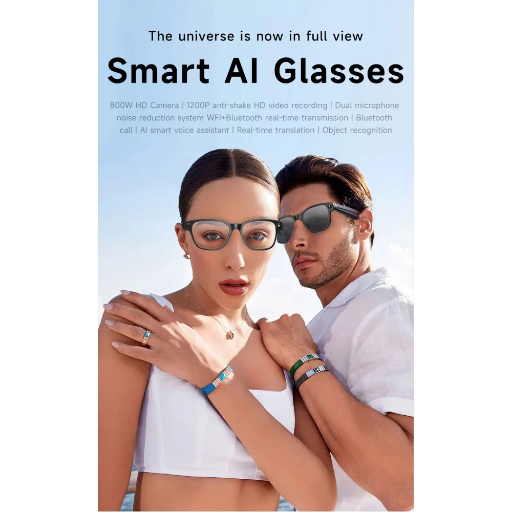 Lunettes intelligentes sans graduation avec caméra AI 8 MP HD 4K avec traduction WIFI+Bluetooth transmission en temps réel - Transparent