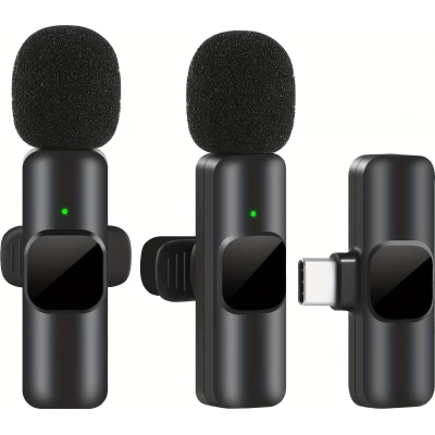 Microphone cravate sans fil Bluetooth rechargeable USB-C pour smartphone et tablette avec enregistrement facile (set de 3 pi&egrave;ces) - Noir