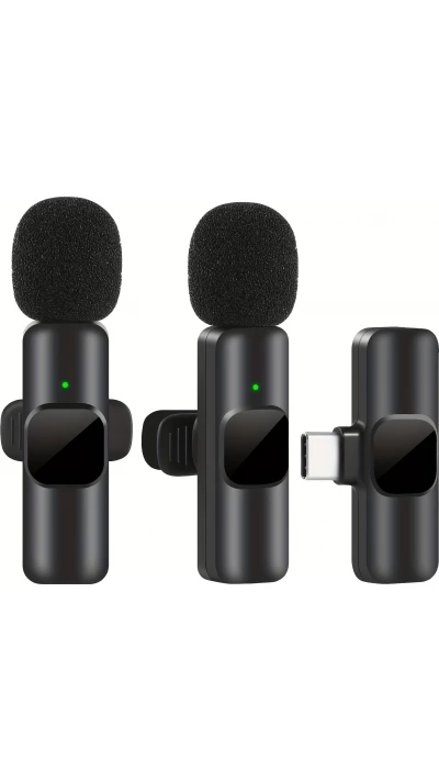 Microphone cravate sans fil Bluetooth rechargeable USB-C pour smartphone et tablette avec enregistrement facile (set de 3 pi&egrave;ces) - Noir