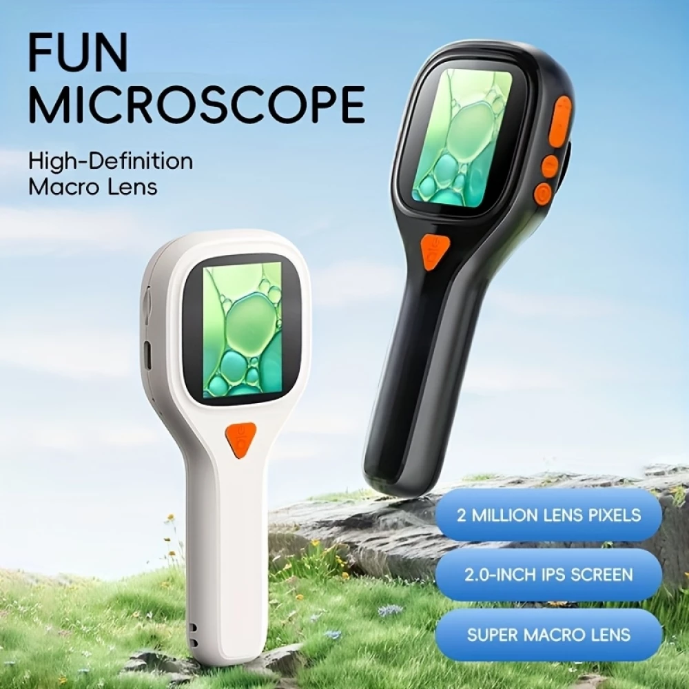 Microscope de poche 500X avec écran IPS 2 pouces caméra 20MP 6 LED réglables photo et vidéo port carte SD - Noir