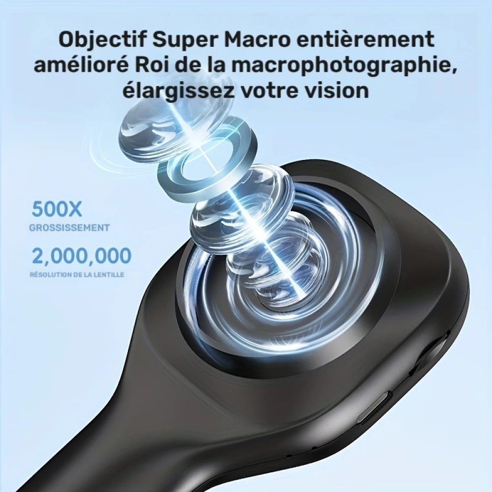 Microscope de poche 500X avec écran IPS 2 pouces caméra 20MP 6 LED réglables photo et vidéo port carte SD - Noir