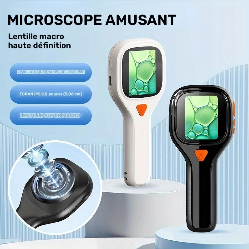 Microscope de poche 500X avec écran IPS 2 pouces caméra 20MP 6 LED réglables photo et vidéo port carte SD - Noir