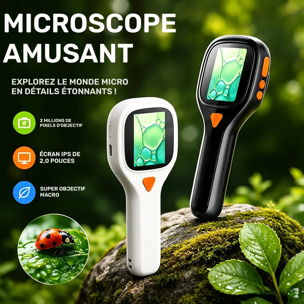 Microscope de poche 500X avec écran IPS 2 pouces caméra 20MP 6 LED réglables photo et vidéo port carte SD - Noir