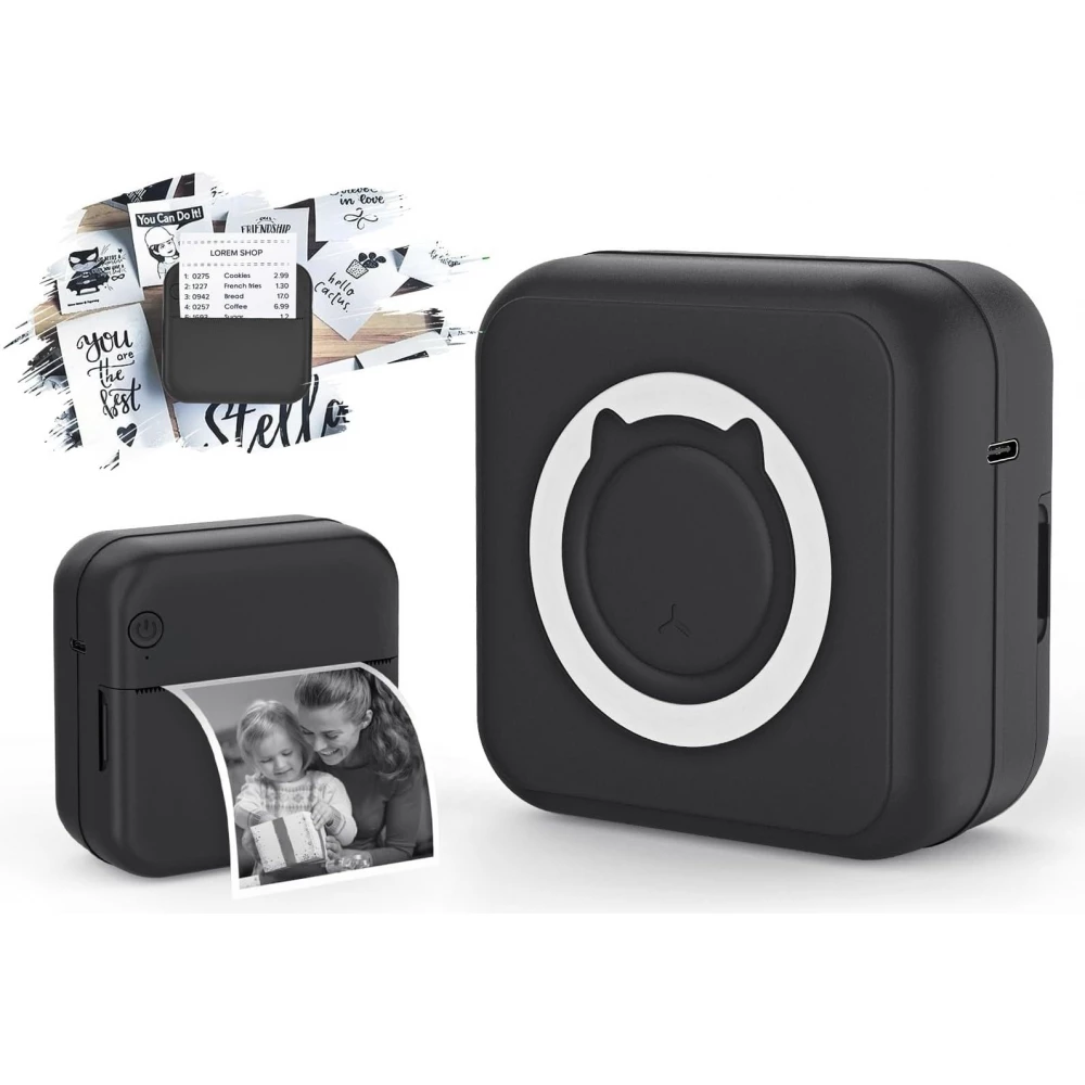 Mini imprimante thermique portable BT sans encre imprimante mobile compacte pour photos notes et &eacute;tiquettes - Noir