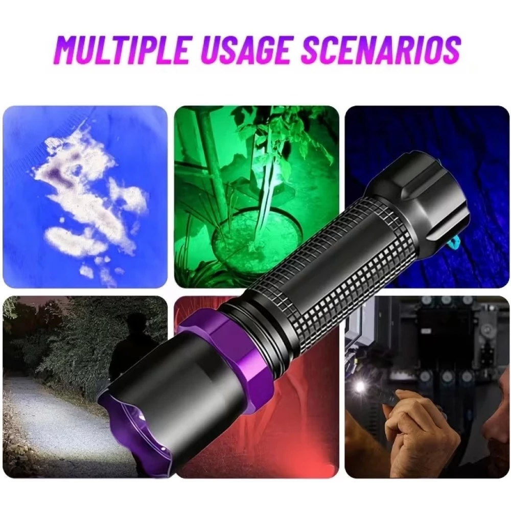 Macroscom Mini LED Taschenlampe USB wiederaufladbar kompakt mit UV Licht gr&uuml;nem und rotem Licht f&uuml;r Angeln Outdoor Aktivit&auml;ten und Notf&auml;lle - Schwarz