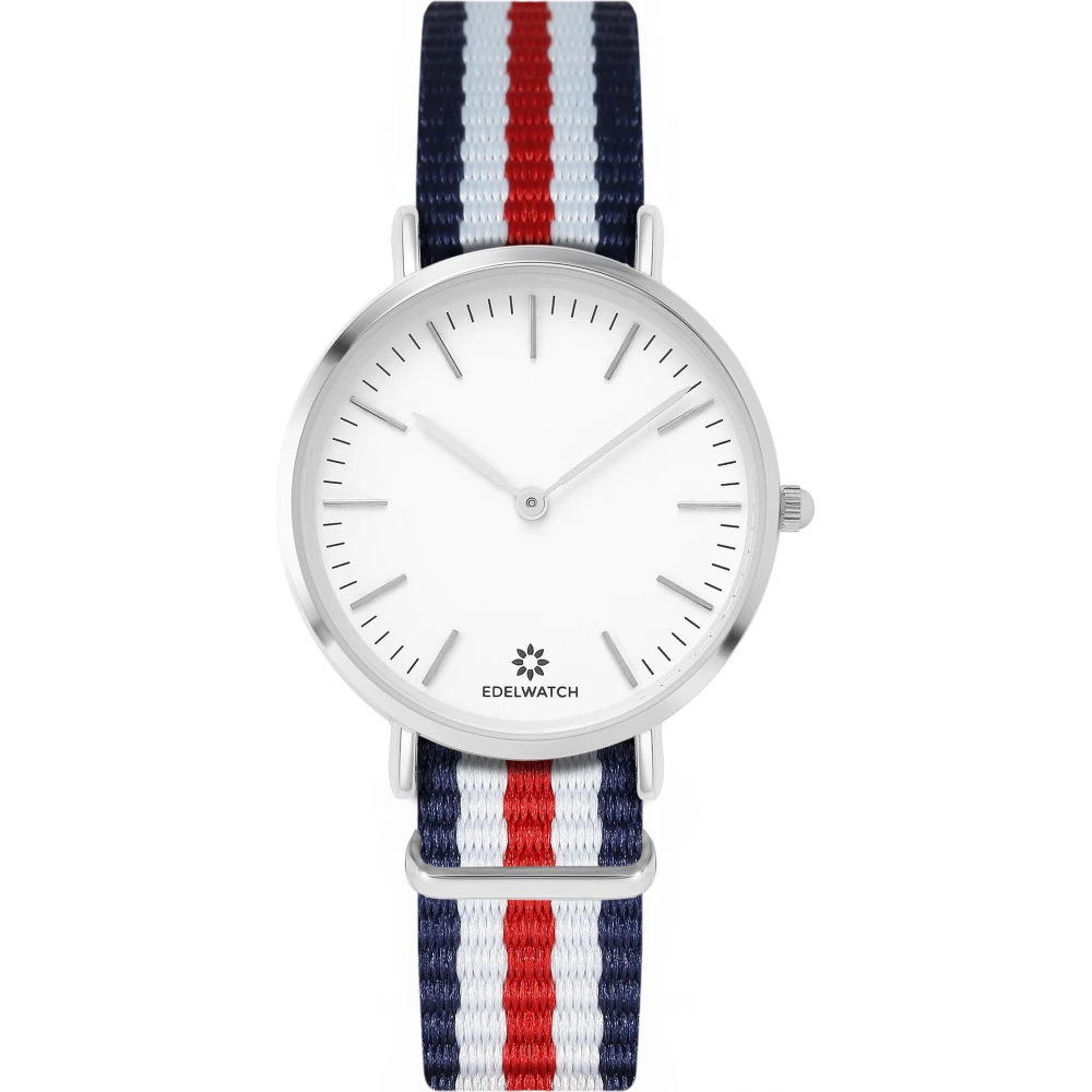 Montre Edelwatch 32 mm (Ladies) cadran argenté fond blanc (pile non incluse) - Bracelet bleu foncé / blanc / rouge