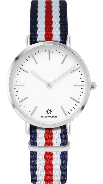 Montre Edelwatch 32 mm (Ladies) cadran argenté fond blanc (pile non incluse) - Bracelet bleu foncé / blanc / rouge