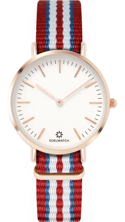 Montre Edelwatch 32 mm (Ladies) cadran doré fond blanc (pile non incluse) - Bracelet rouge / bleu / blanc