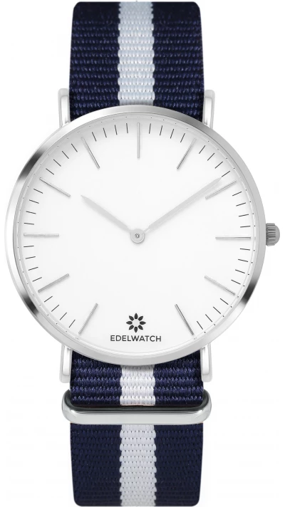 Montre Edelwatch 41 mm (Men) cadran argenté fond blanc (pile non incluse) - Bracelet bleu / blanc