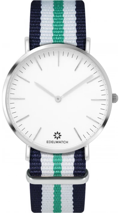 Montre Edelwatch 41 mm (Men) cadran argenté fond blanc (pile non incluse) - Bracelet bleu / blanc / vert