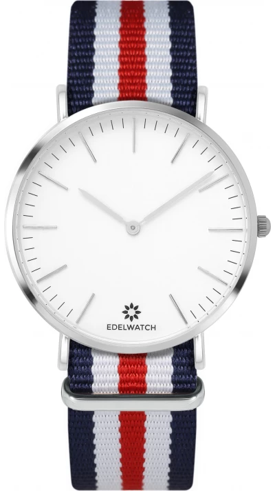 Montre Edelwatch 41 mm (Men) cadran argenté fond blanc (pile non incluse) - Bracelet bleu foncé / blanc / rouge