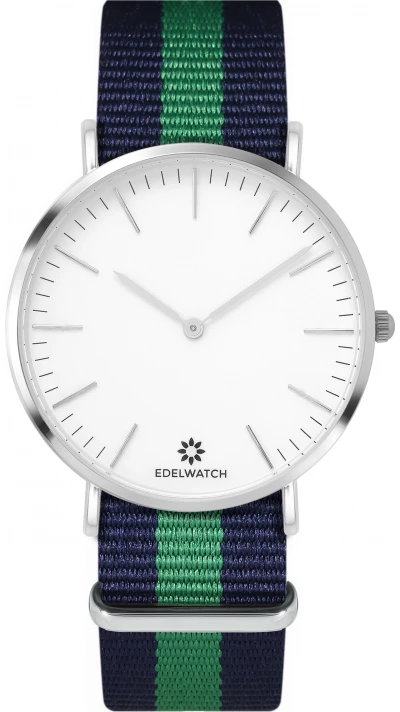 Montre Edelwatch 41 mm (Men) cadran argenté fond blanc (pile non incluse) - Bracelet bleu / vert