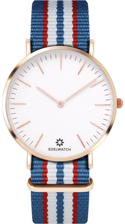 Montre Edelwatch 41 mm (Men) cadran doré fond blanc (pile non incluse) - Bracelet bleu clair / rouge / blanc