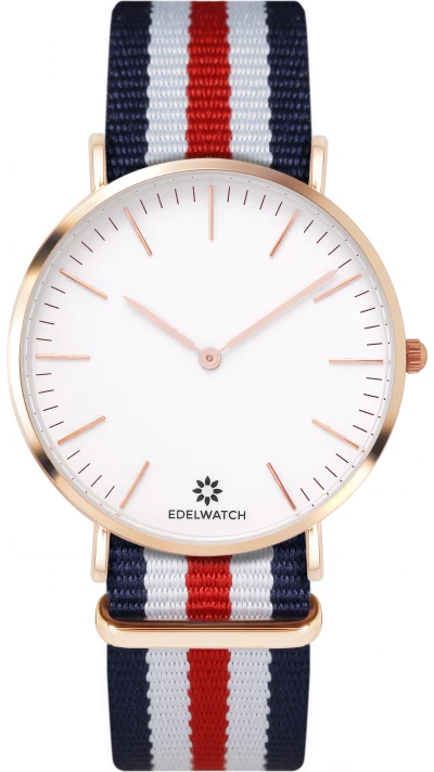 Montre Edelwatch 41 mm (Men) cadran doré fond blanc (pile non incluse) - Bracelet bleu foncé / blanc / rouge