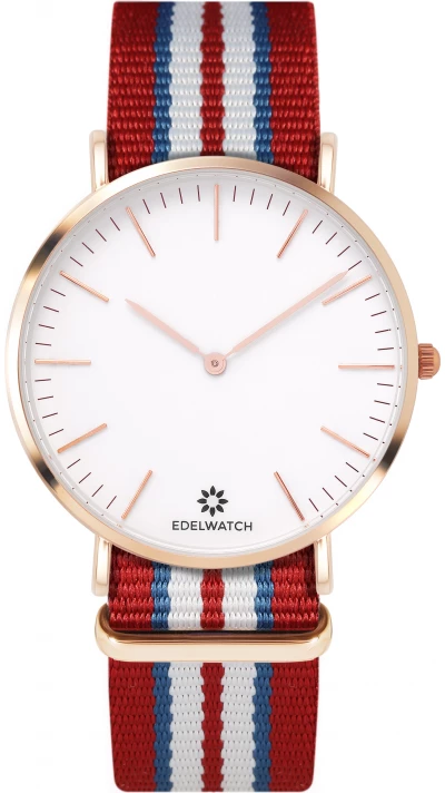 Montre Edelwatch 41 mm (Men) cadran doré fond blanc (pile non incluse) - Bracelet rouge / bleu / blanc