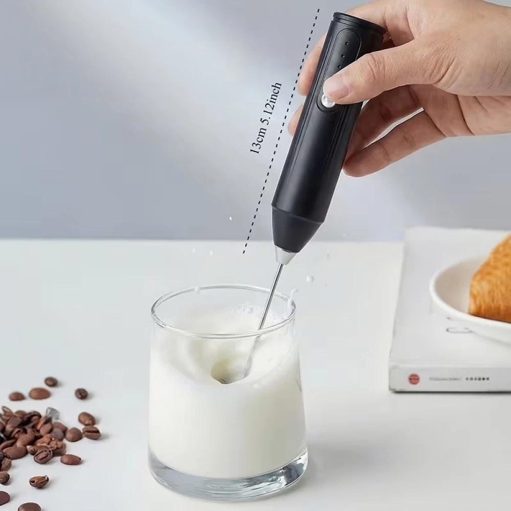 Mousseur à lait électrique portable rechargeable USB avec fouet en acier inoxydable et 3 vitesses réglables - Noir