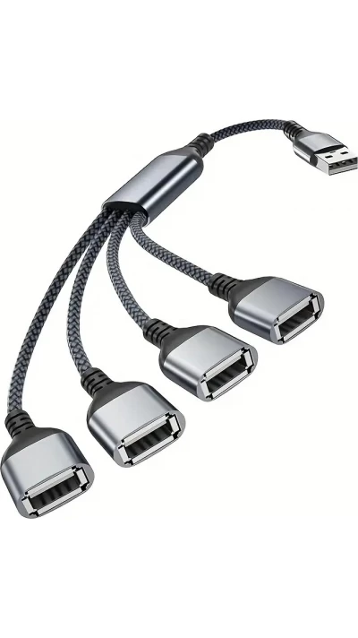 USB-A Mehrfachsteckdose mit 4x USB-A Anschlüssen und 30 cm Kabel Mehrfachladehub - Grau