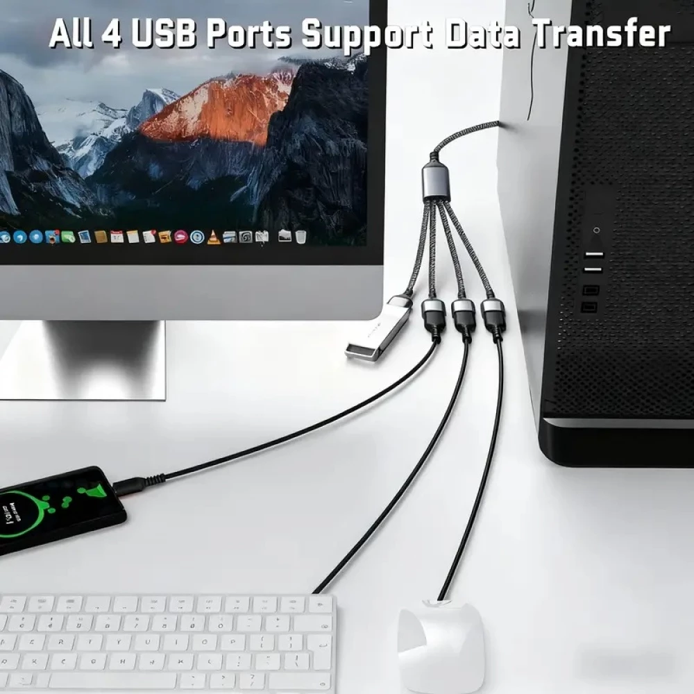 Multiprise USB-A vers 4x USB-A ports avec câble 30 cm hub charge multiple - Gris