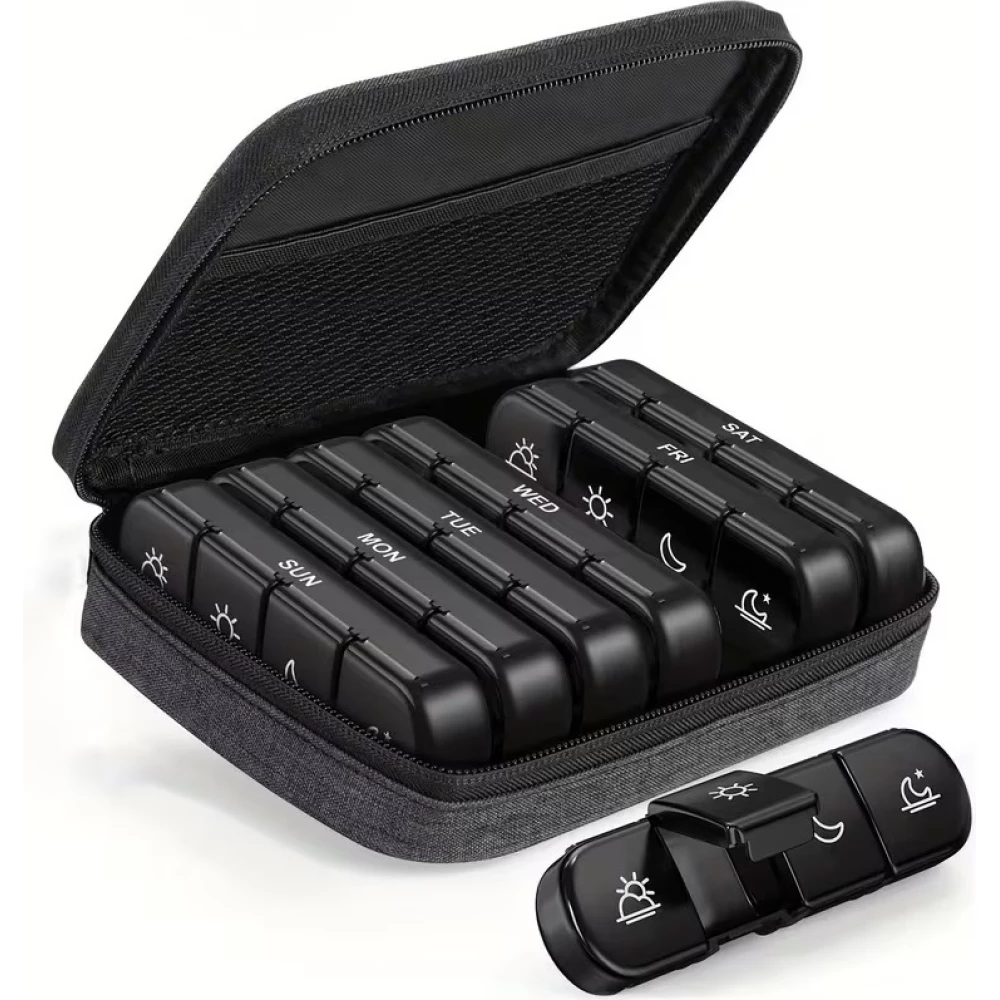 Pillen-Organizer für Reisen 7 Tage und 4 Einnahmen täglich tragbare Tablettenbox mit eleganter Tasche - Schwarz