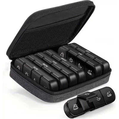 Organisateur de pilules pour voyage 7 jours et 4 prises par jour boîte portable avec sac élégant - Noir
