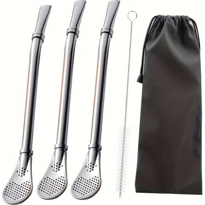 Paille en acier inoxydable pour yerba mate (3 pièces) réutilisables avec brosse de nettoyage et sac