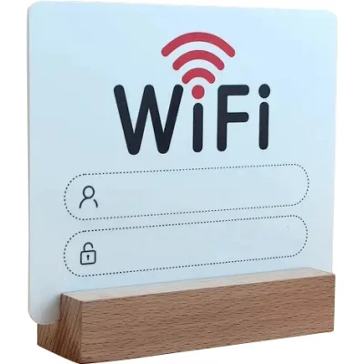 Panneau WiFi 2D en acrylique avec socle bois affiche mot de passe pour maison ou restaurant - Blanc