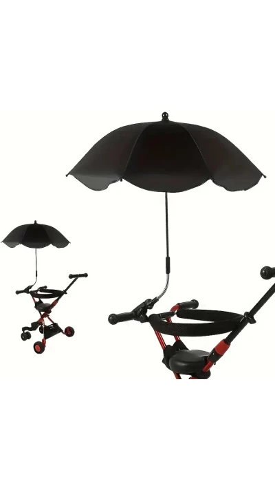 Parasol 360&deg; avec pince pour poussette ou chaise protection UV fixation facile et toile polyester - Noir